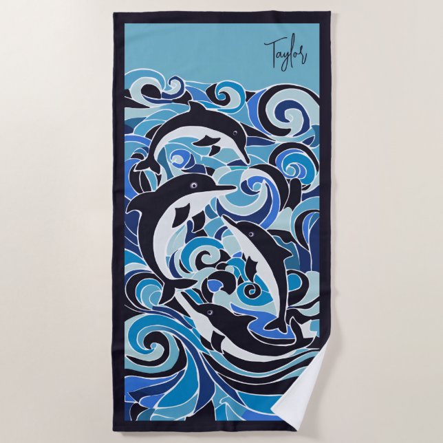 Blue Dolphins & Waves Customisable Beach Towel (Front)