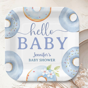 Blue Donuts Hello Baby Shower Brunch  Paper Plate
