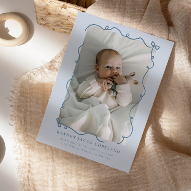 Blue Doodle Bows Frame Birth Announcement Photo (Creator Uploaded)