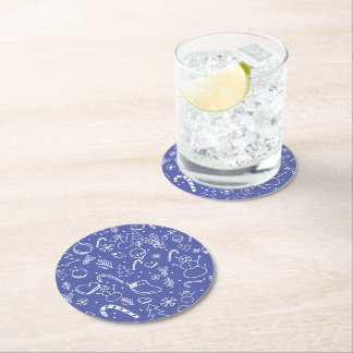 Blue Doodle Christmas Pattern - Fun & Festive Round Paper Coaster
