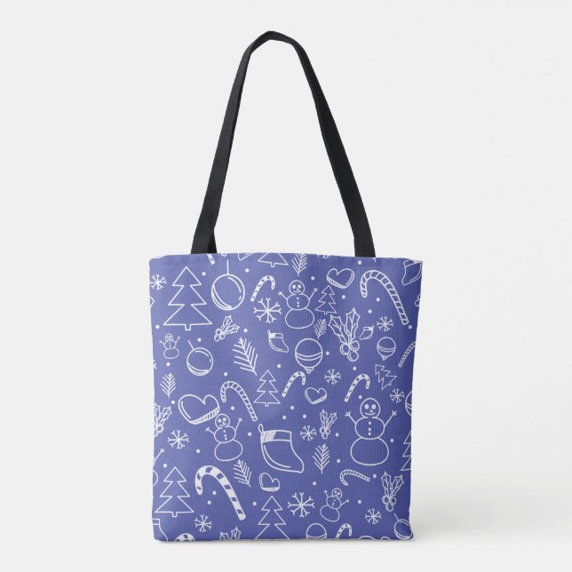 Blue Doodle Christmas Pattern -  Fun & Festive  Tote Bag (Back)