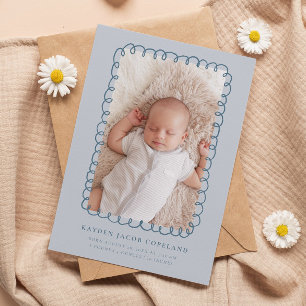 Blue Doodle Frame Birth Announcement Photo
