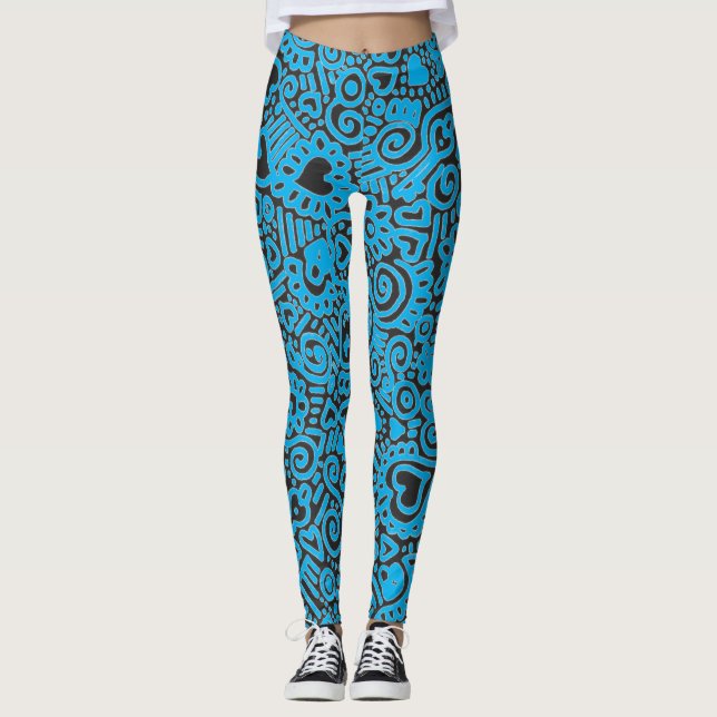 Blue Doodle Pattern Leggings (Front)