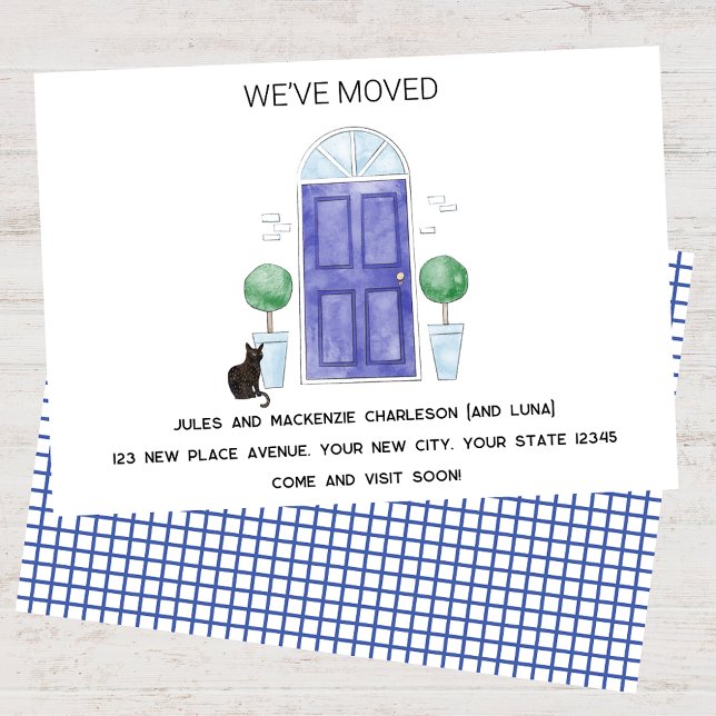 Blue Door and Cat We Have Moved New Home Announcement (Blue door cat watercolor custom text new home we I have moved change of address moving announcement)