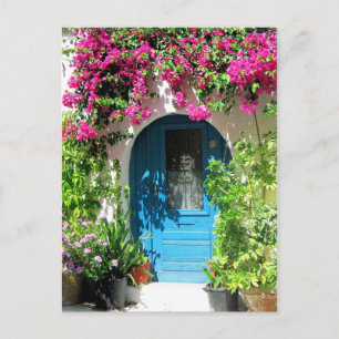 Blue door framed with beautiful bougainvillea postcard