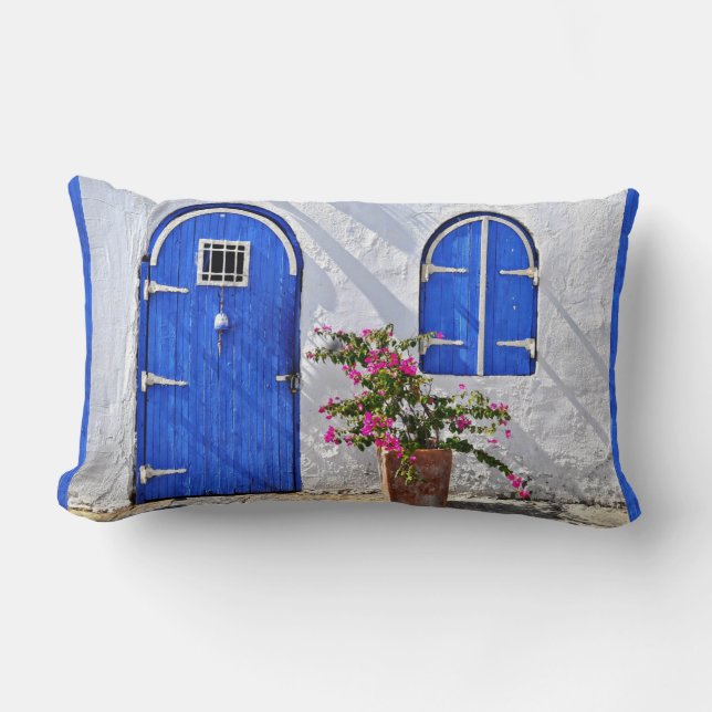 Blue Door Stucco Home Throw Pillow (Front)