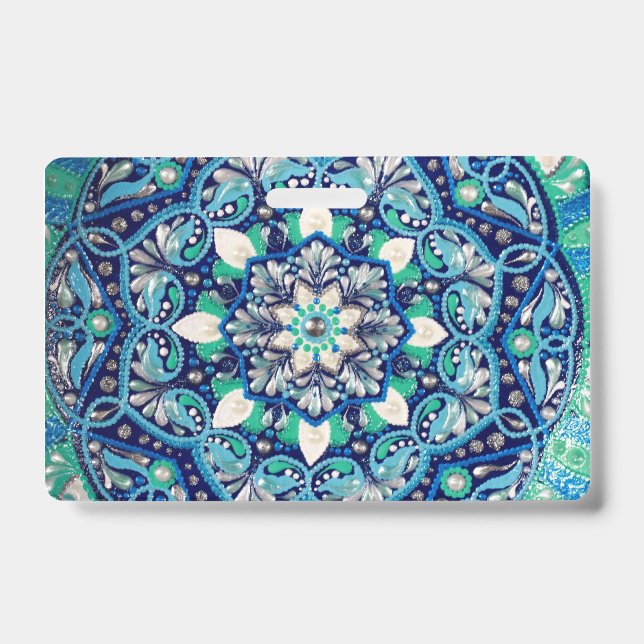 Blue dot art mandala trifold wallet ID badge (Front)
