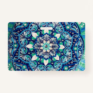 Blue dot art mandala trifold wallet ID badge