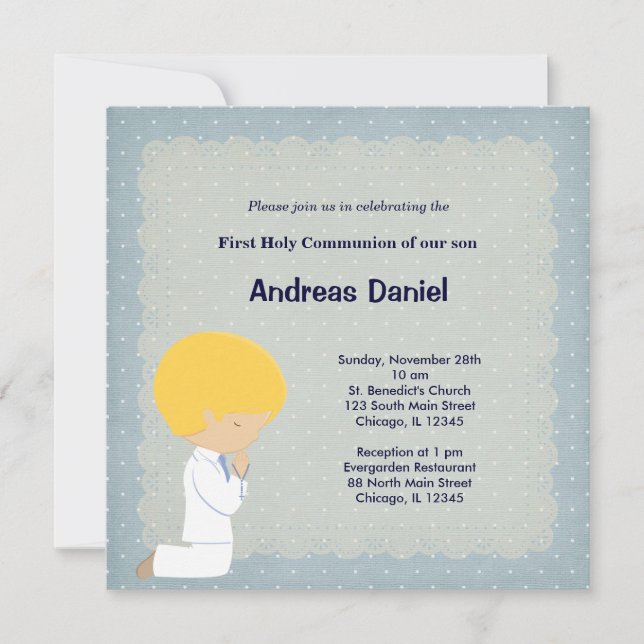 Blue dots holly communion boy invitation (Front)