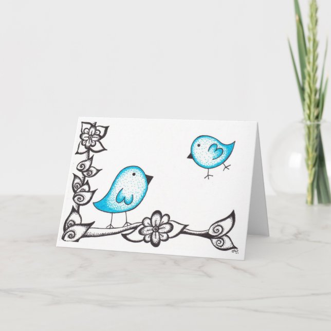 Blue Dotty Birds Greetings Card (Front)