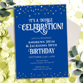 Blue Double Birthday Party Star Confetti  Invitation