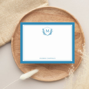 Blue Double Border Floral Crest Classic Monogram Card