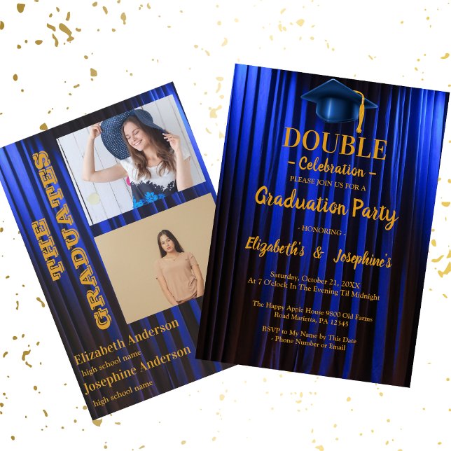 Blue double  Celebration Graduation Party 2 photos Invitation (Creator Uploaded)