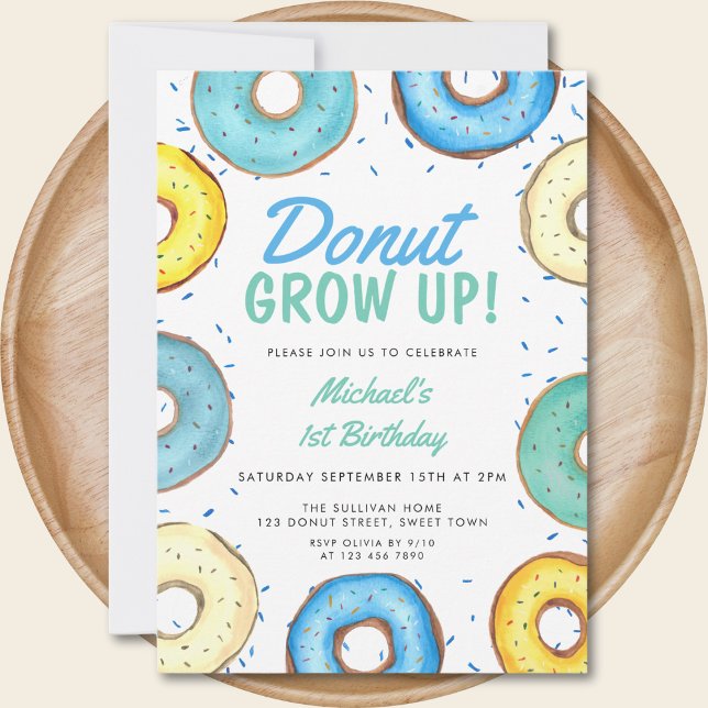 Blue Doughnut 1st Birthday Boy Doughnut Grow Up Invitation (Creator Uploaded)