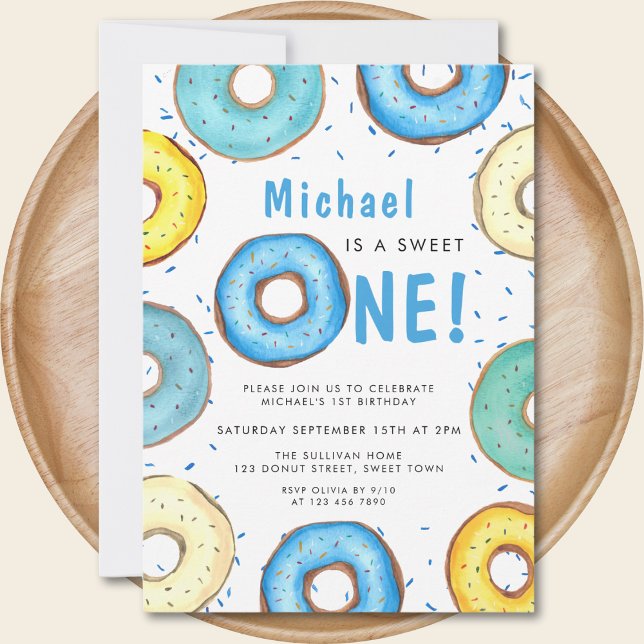 Blue Doughnut Boy's First Birthday Party Invitation (Creator Uploaded)