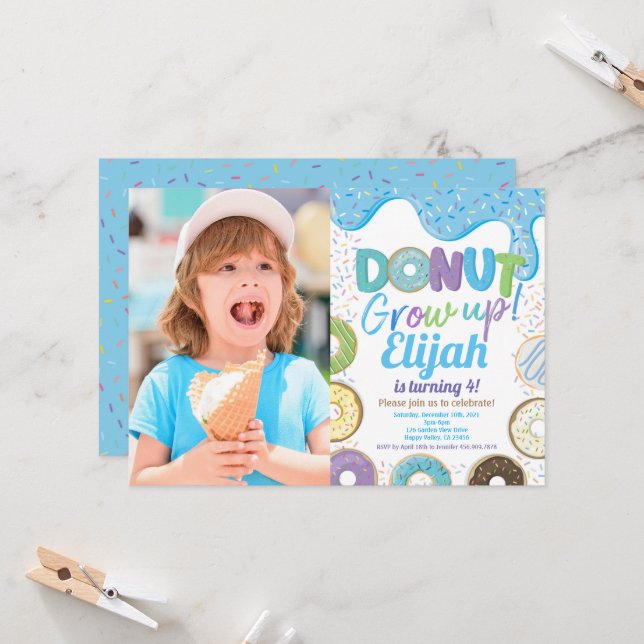 Blue Doughnut Grow Up Boy Kid Birthday Party Photo Invitation (Front/Back In Situ)
