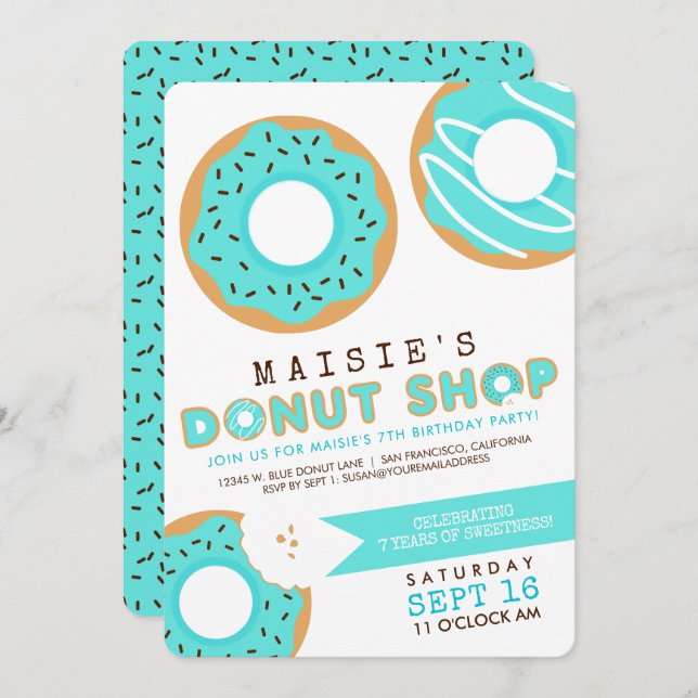 Blue Doughnut Shop Birthday Party Invitation (Front/Back)