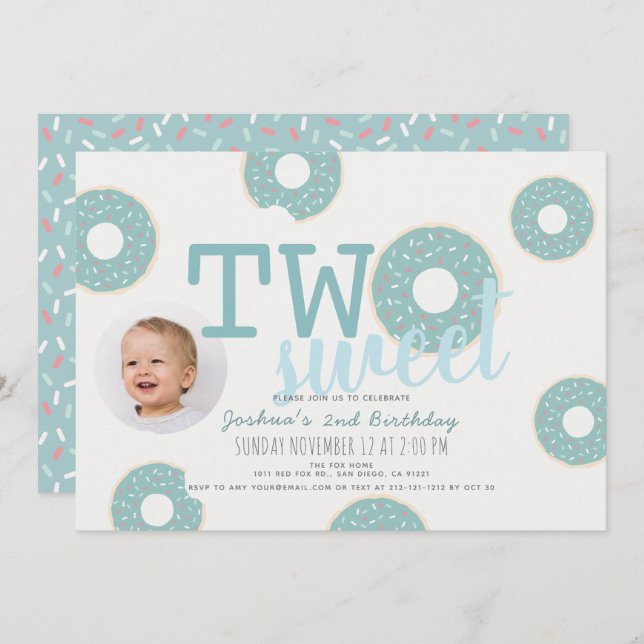 Blue Doughnut Two Sweet Boy Photo 2nd Birthday Invitation (Front/Back)