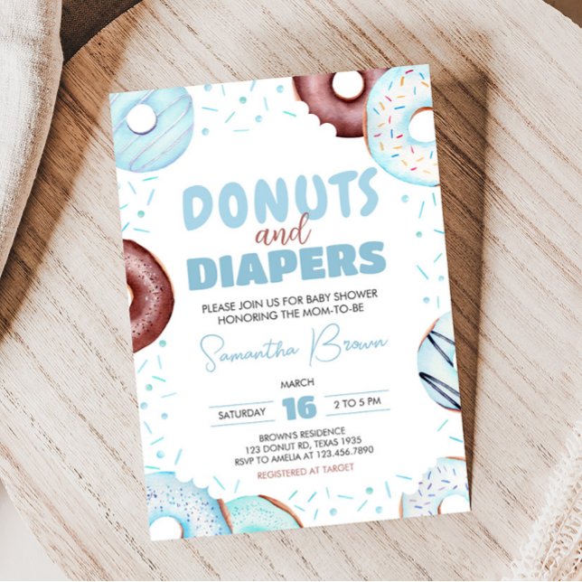Blue Doughnuts and Diapers Baby Shower  Invitation (Donuts and Diapers Baby Shower Invitation)