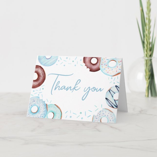 Blue Doughnuts and Diapers Baby Shower  Thank You Card (Front)