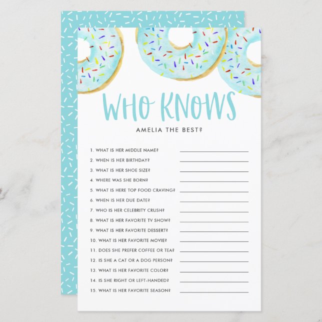 Blue Doughnuts Who Knows Mum Best Baby Shower Game (Front/Back)