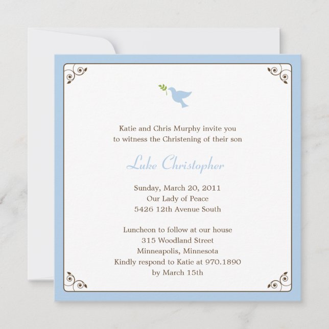 Blue Dove Baptism/Christening Invitation (Front)