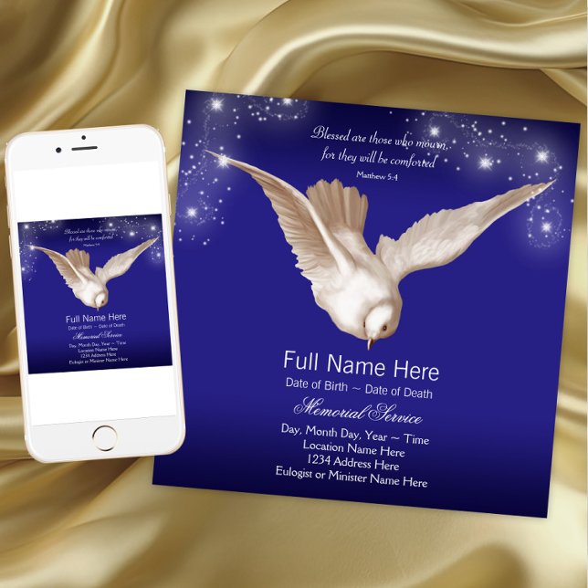 Blue Dove Memorial Service Announcements (Dove memorial service announcements. Instant download and printed announcements are available.)