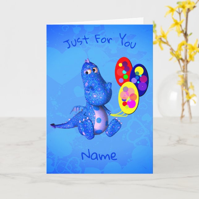 Blue Dragon And Balloons Personalised Birthday Card (Yellow Flower)