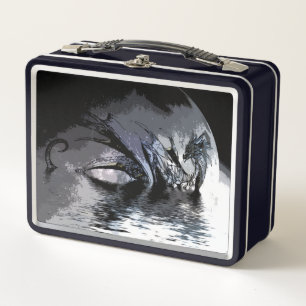 Blue Dragon and Moon Illustration Metal Lunch Box