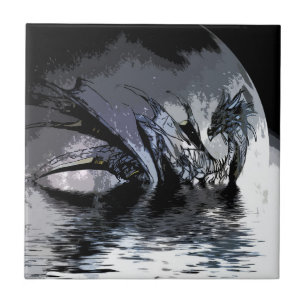 Blue Dragon and Moon Illustration  Tile