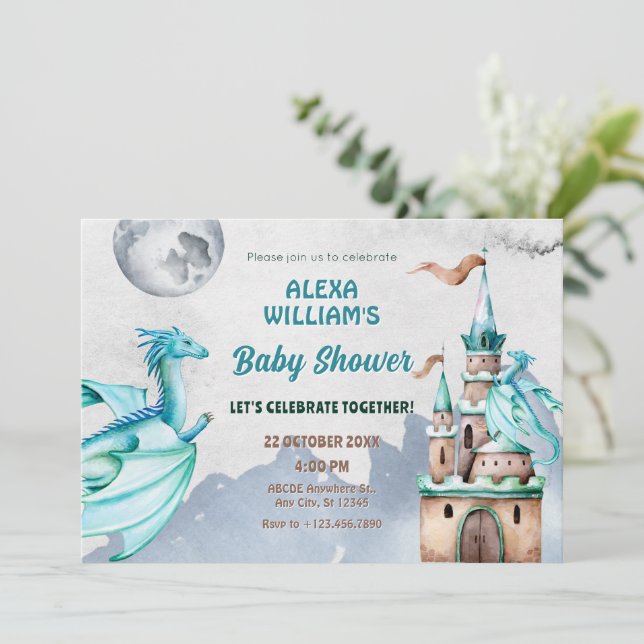 Blue Dragon castle watercolor baby shower Invitation (Standing Front)