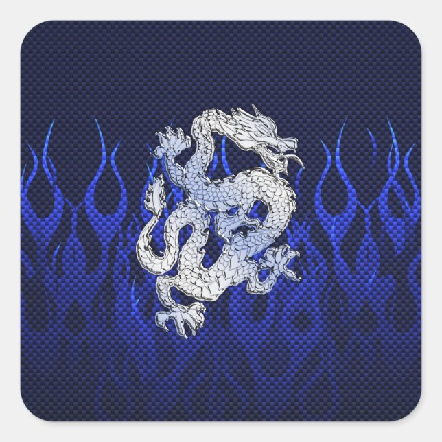 Blue Dragon in Chrome Carbon Fibre Styles Square Sticker (Front)