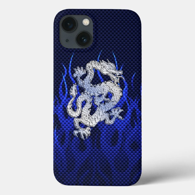 Blue Dragon in Chrome Carbon like flames Case-Mate iPhone Case (Back)