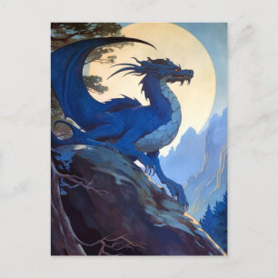 Blue Dragon Night Full Moon Fantasy Art Postcard