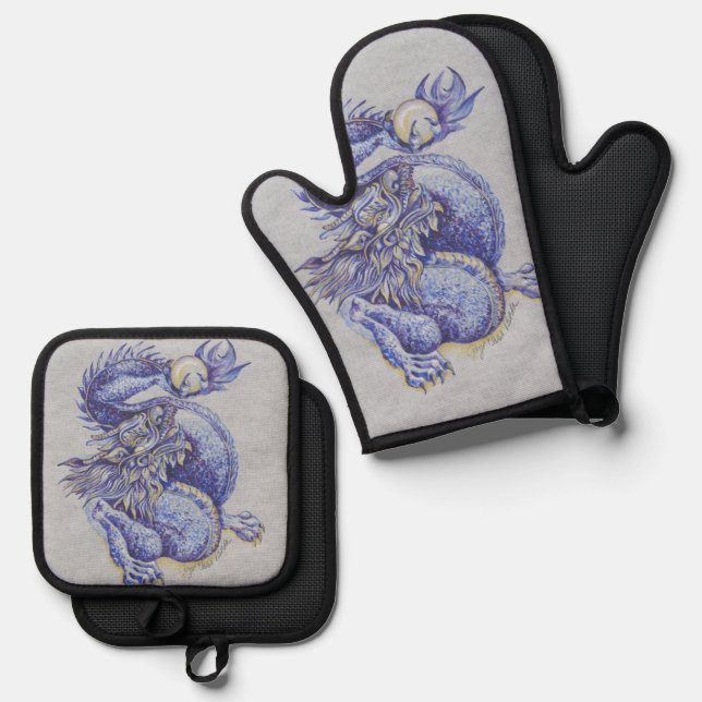 Blue Dragon Oven Mitt & Pot Holder Set (Front/Back)