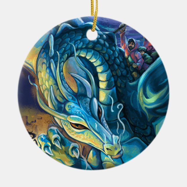 Blue Dragon Rider Ceramic Tree Decoration (Front)