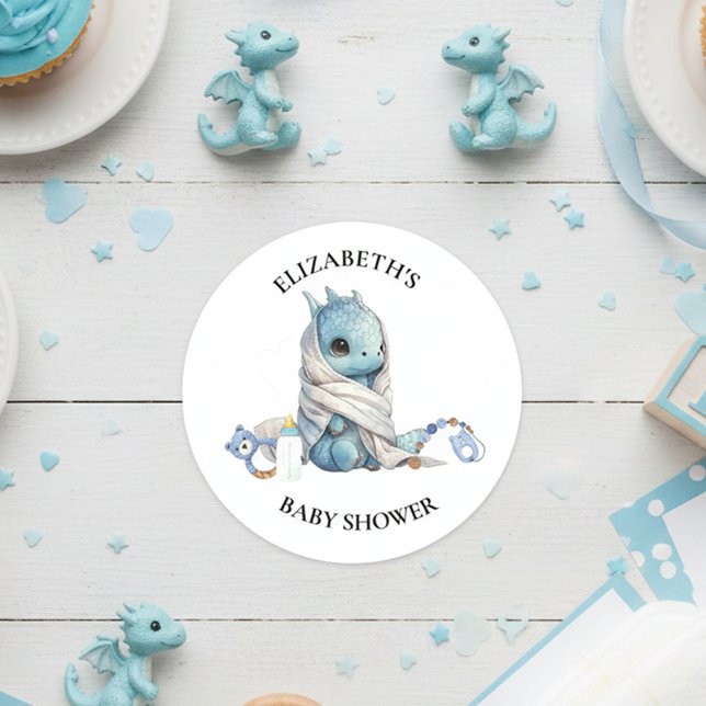 Blue  Dragon Watercolor Baby Shower  Classic Round Sticker (Creator Uploaded)
