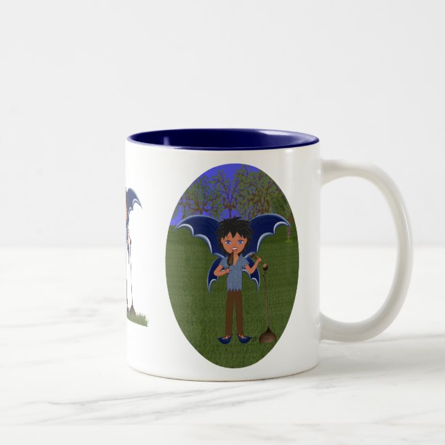 Blue Dragon Winged Musical Boy Faerie Two-Tone Coffee Mug (Right)