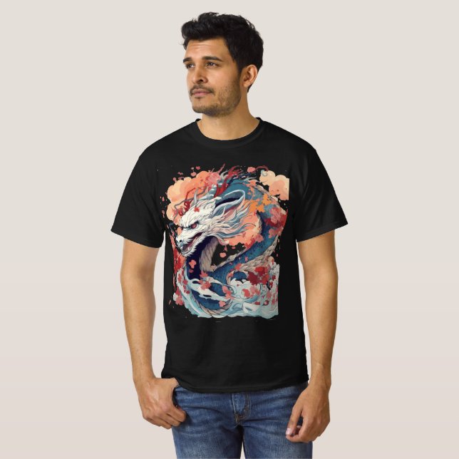 Blue Dragon with Blossoms and Clouds T-Shirt (Front Full)