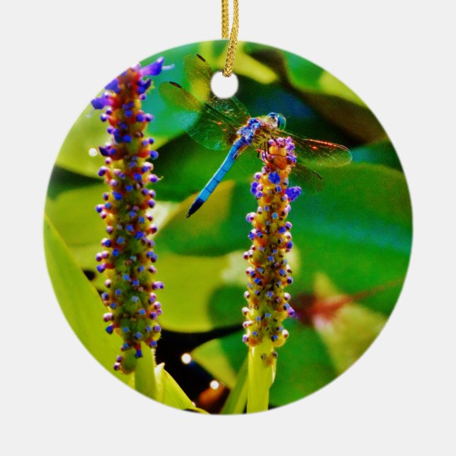 Blue Dragonfly and flowers Ceramic Tree Decoration (Front)
