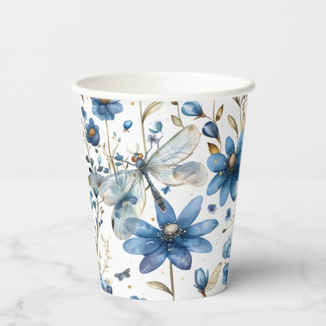 Blue Dragonfly and Flowers Floral Paper Party Cups (Back)