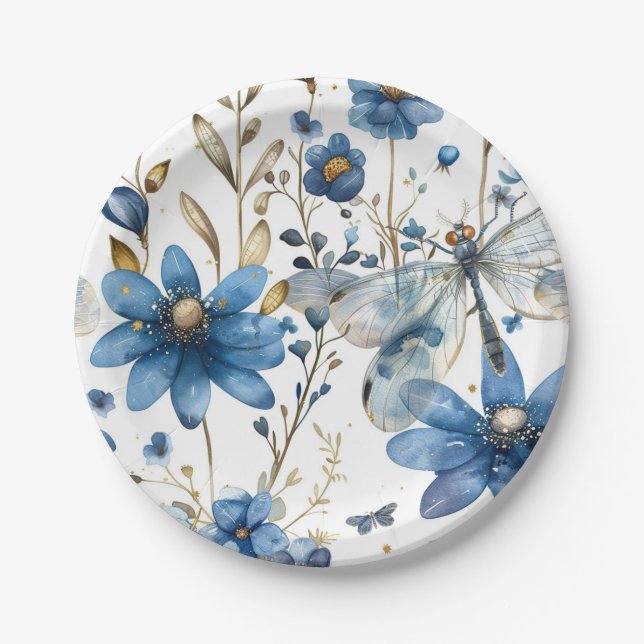 Blue Dragonfly and Flowers Floral Paper Plates (Front)
