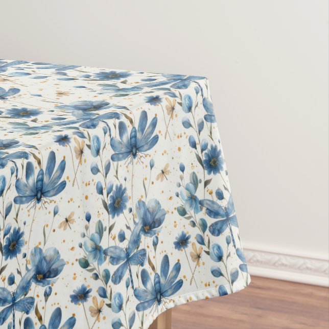 Blue Dragonfly and Flowers Tablecloth (In Situ)