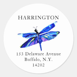 Blue Dragonfly Artistic Watercolor Return Address Classic Round Sticker