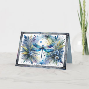 Blue Dragonfly Botanical Watercolor Card