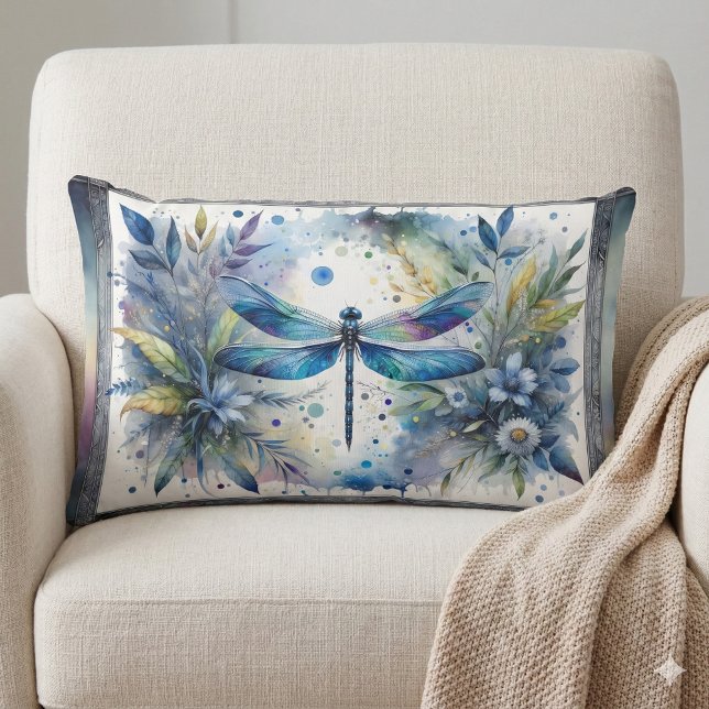 Blue Dragonfly Botanical Watercolor Lumbar Cushion (Blue Dragonfly Botanical Watercolor Lumbar Pillow Mockup A)