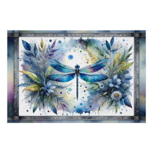 Blue Dragonfly Botanical Watercolor Poster