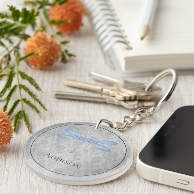 Blue Dragonfly Damask Key Ring (Front Right)