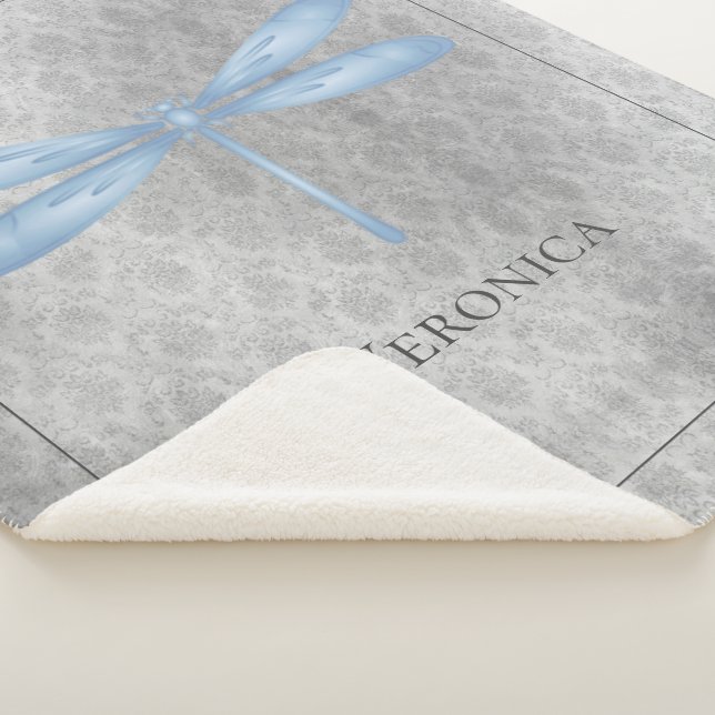 Blue Dragonfly Damask Sherpa Blanket (3/4)
