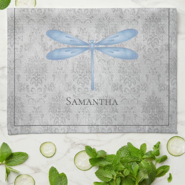 Blue Dragonfly Damask Tea Towel (Folded)
